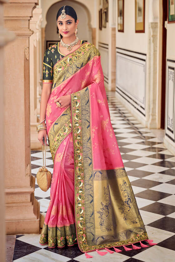 Pink Exclusive Designer Banarasi Saree With Embroidered Blouse