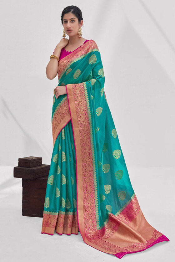 Dark Turquoise Blue Zari Woven Organza Silk Saree