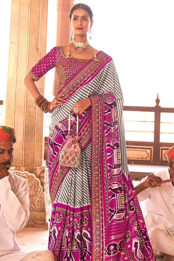 Berry Purple Woven Patola Silk Saree With Heavy Border