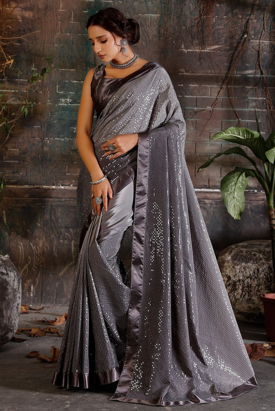 Grey Ombre Crepe Sequins Worked Saree