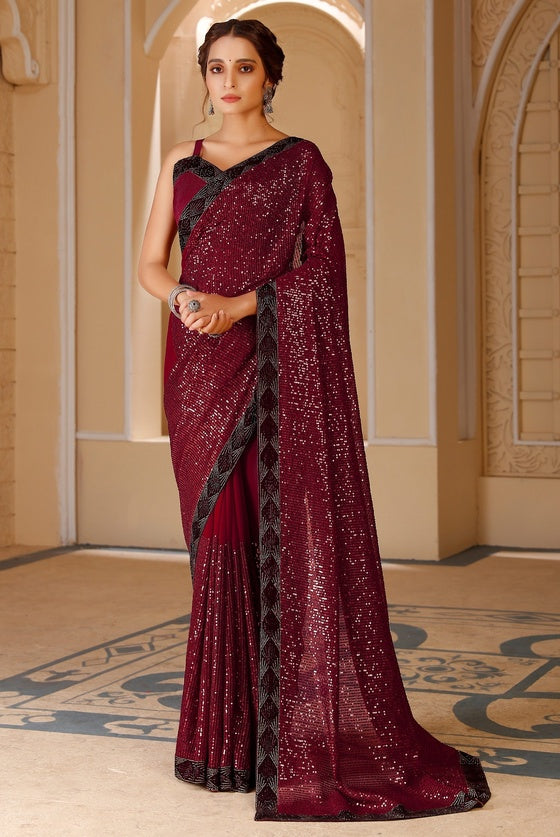 Maroon Georgette Sequinned Saree