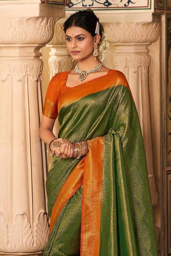 Basil Green Woven Kanjivaram Silk Saree