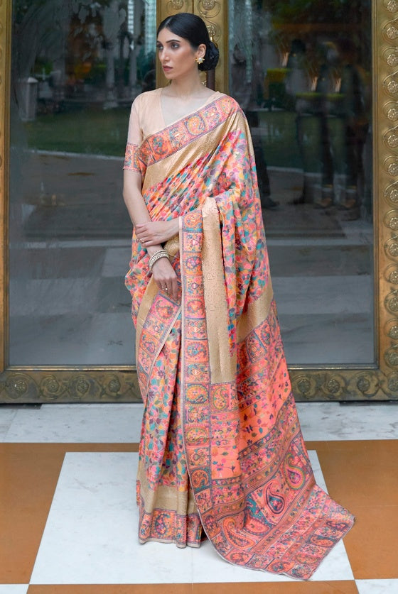 Peach Kashmiri Silk Multi Colored Handloom Art Silk Woven Saree