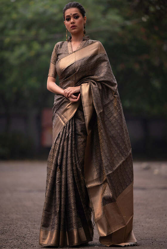 Walnut Grey Zari Woven Banarasi Silk Saree