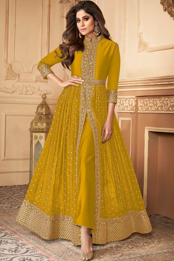 Mustard Yellow Long Semi Stitched Anarkali With Intricate Embroidered Work