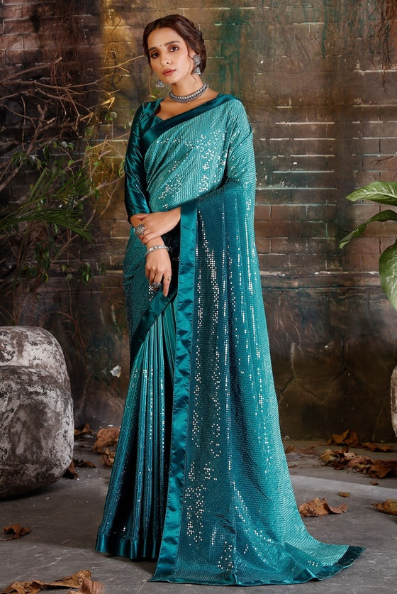 Rama Blue Ombre Crepe Saree with Sequins Work