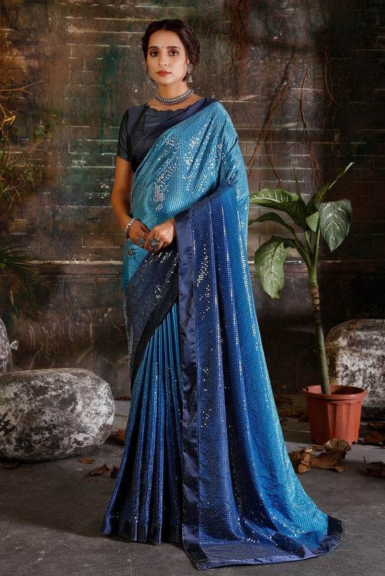 Blue Ombre Crepe Saree with Sequins Work