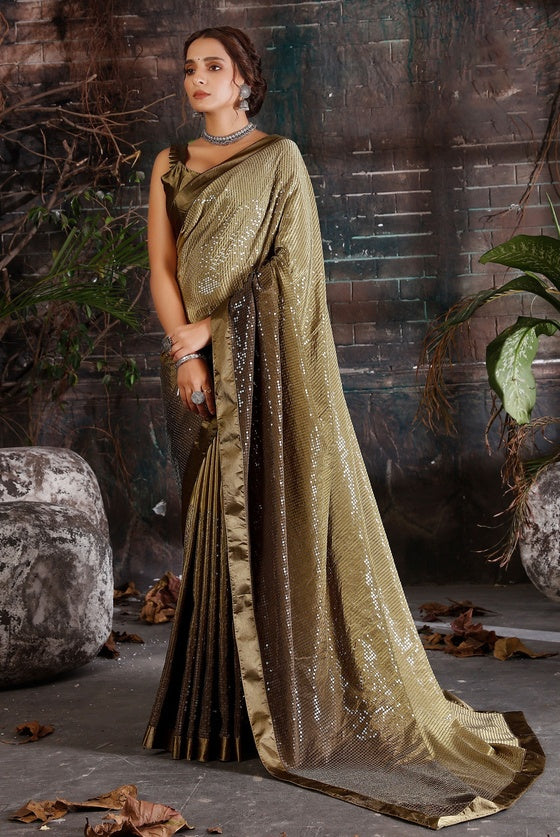 Olive Green Ombre Crepe Sequinned Saree