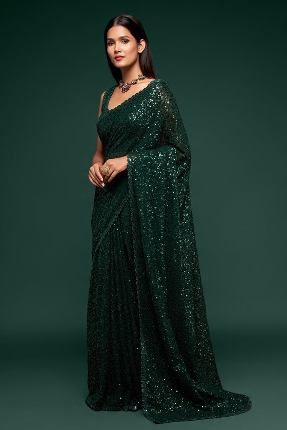 Forest Green Designer Sequins Georgette Saree