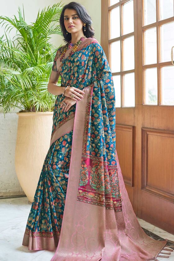 Blue Kashmiri Silk Digital Printed Saree