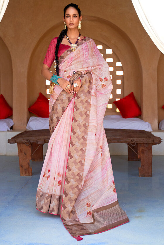 Baby Pink Banarasi Woven Kora Silk Saree