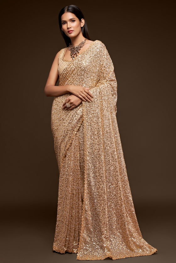 Beige Designer Sequins Georgette Saree