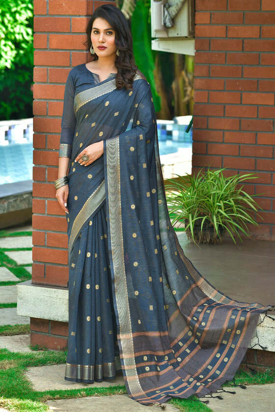 Limed Spruce Blue Zari Woven Cotton Saree