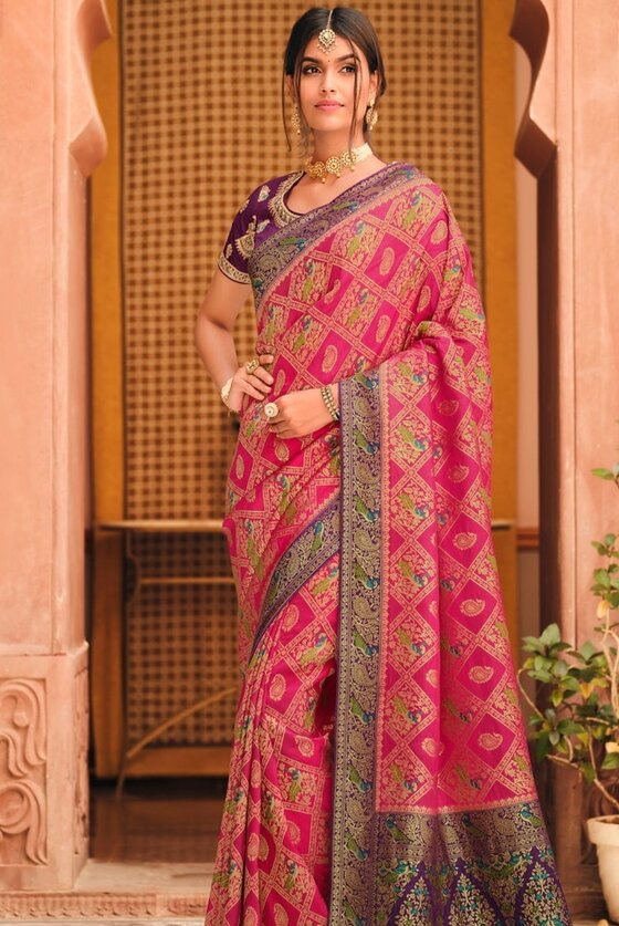 Magenta Pink Woven Banarasi Silk Saree With Embroidered Blouse