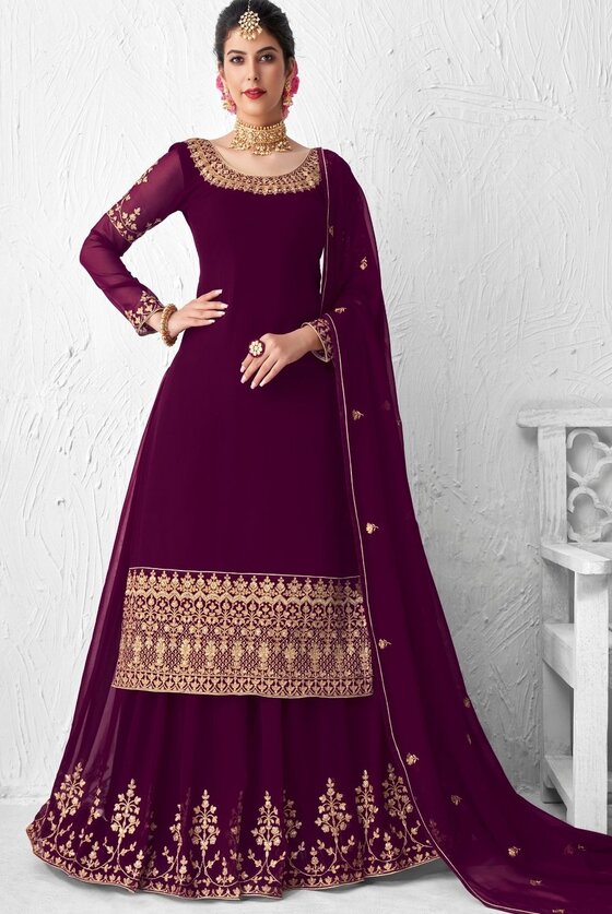 Sangria Purple straight cut paired with an Embroidered Lehenga