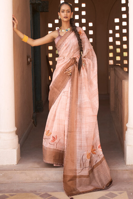 Ochre Brown Banarasi Woven Kora Silk Saree