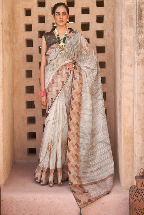 Bisque Brown Banarasi Woven Kora Silk Saree