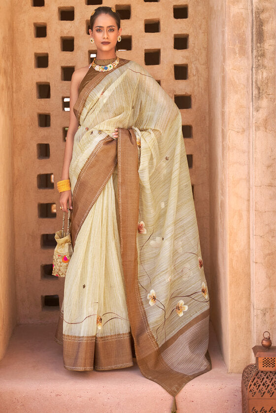 Sepia Beige & Brown Banarasi Woven Kora Silk Saree