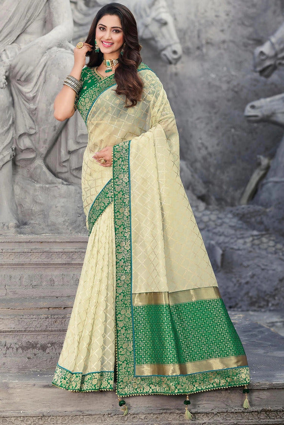 Light Pastel Green Organza Silk Checks Woven Saree