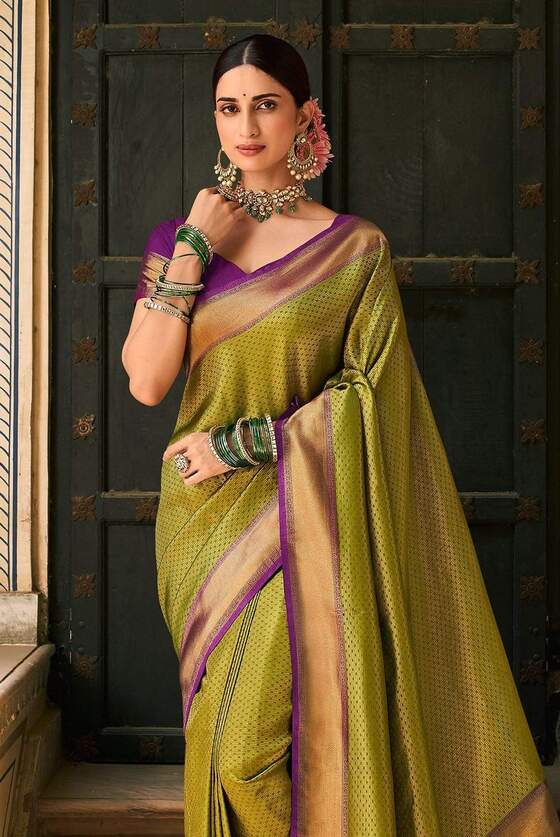 Olive Green Woven Kanjivaram Silk Saree