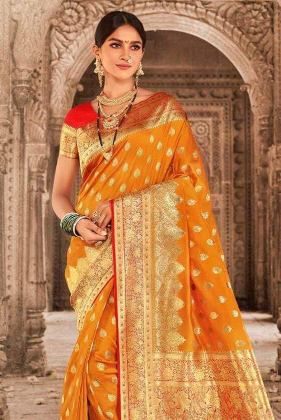 Orange Zari Woven Banarasi Silk Saree