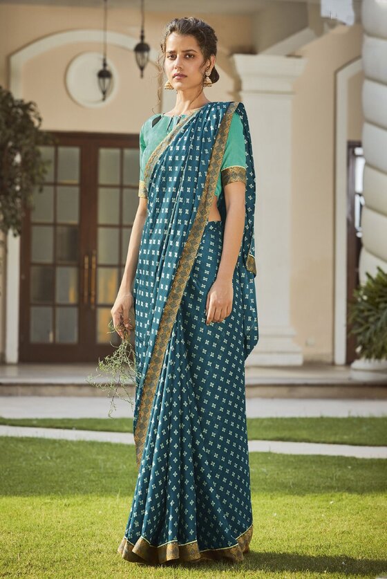 Teal Blue Printed Banarasi Silk Saree