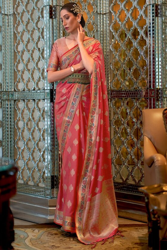 Raw Pink Woven Banarasi Saree With Brocade Blouse