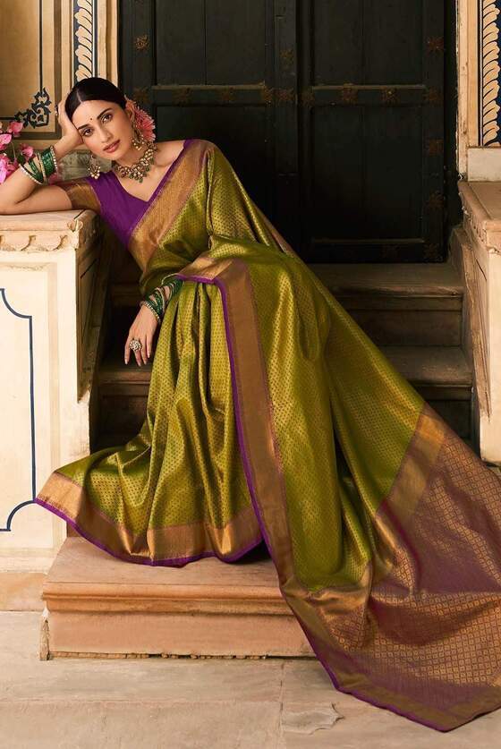 Olive Green Woven Kanjivaram Silk Saree – MOR ETHNICS