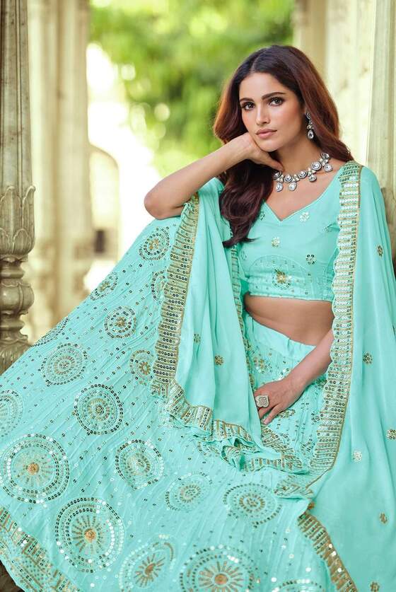 Cyan Blue Exclusive Georgette Based Sequins Lehenga Choli