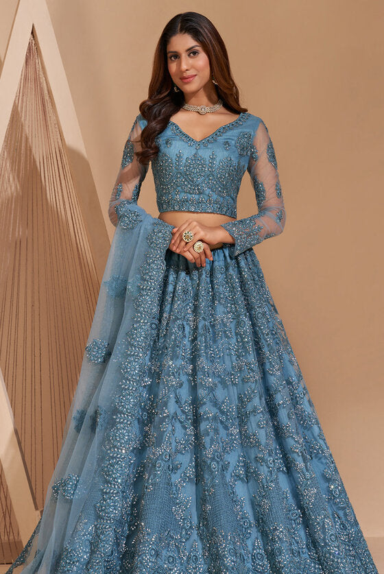 River Blue Stone Embroidered Silk And Net Semi-stitched Lehenga Set