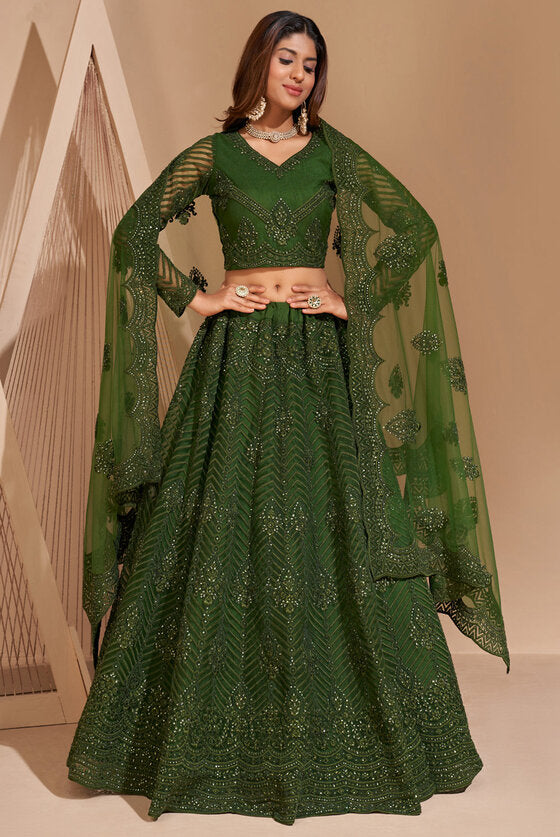 Herbal Green Stone Embroidered Silk And Net Semi-stitched Lehenga Set