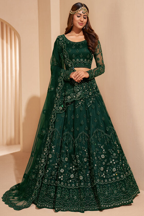 Rich Green Stone Embroidered Silk And Net Semi-stitched Lehenga Set