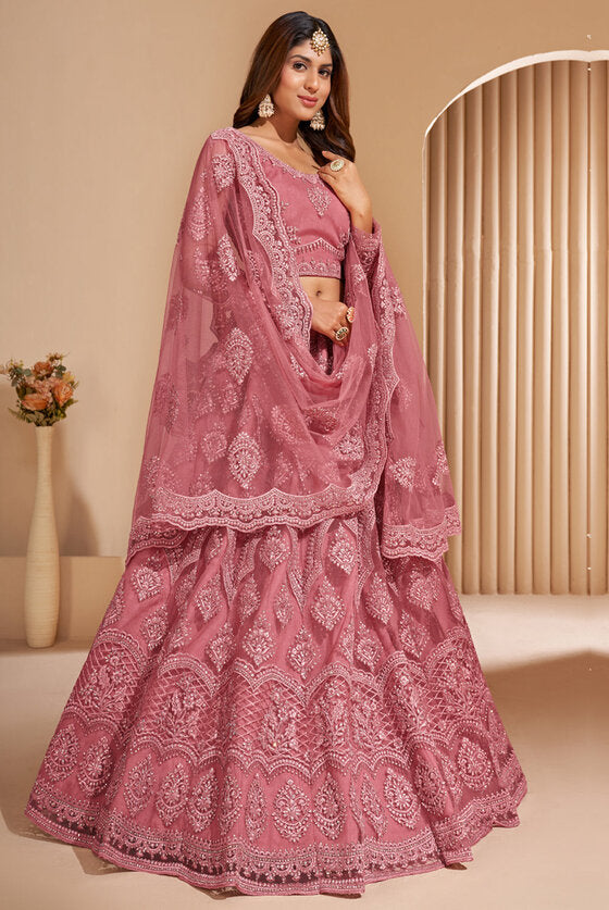 Rose Pink Stone Embroidered Silk And Net Semi-stitched Lehenga Set