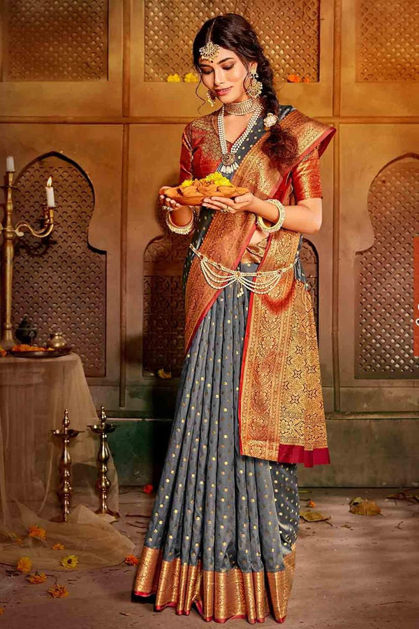 Coin Grey Zari Woven Banarasi Saree