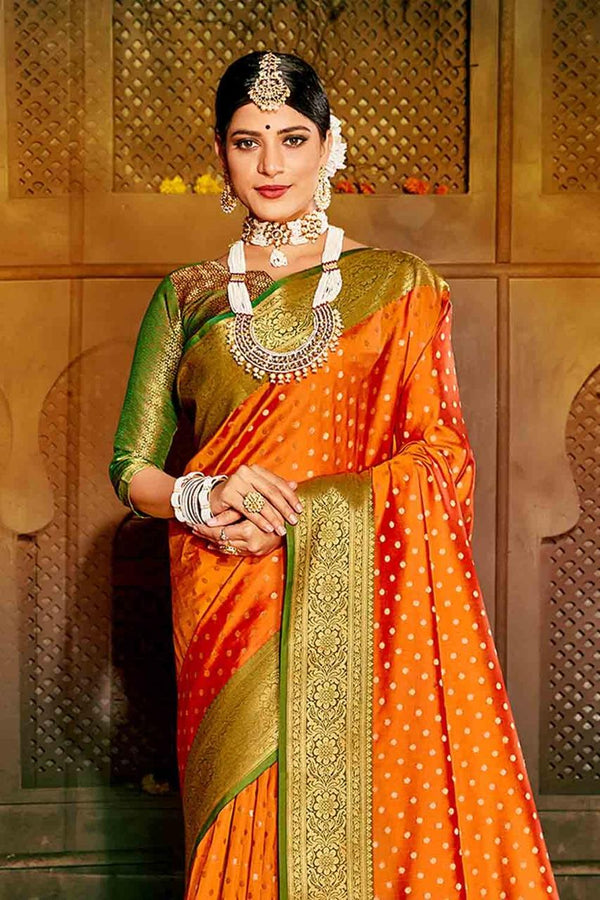 Carrot Orange Zari Woven Banarasi Saree