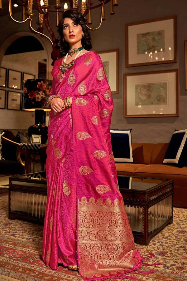 Hot Pink Zari Butta Woven Banarasi Saree