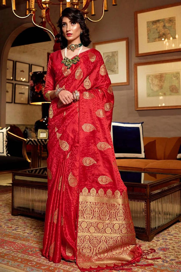 Crimson Red Zari Butta Woven Banarasi Saree