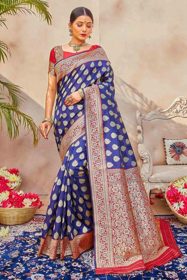 Sapphire Blue Zari Butta Woven Banarasi Saree