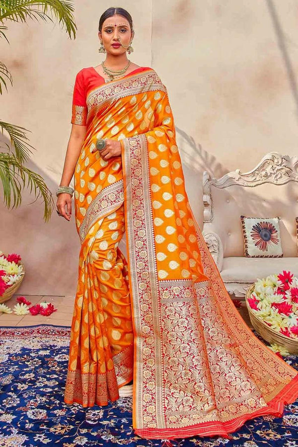 Gold yellow zari butta woven banarasi saree