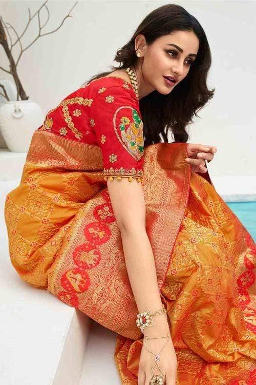 Orange Yellow Designer Banarasi Saree With Embroidered Blouse