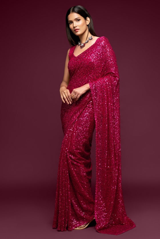 Pink Designer Sequins Georgette Saree