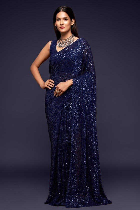 Blue Designer Sequins Georgette Saree