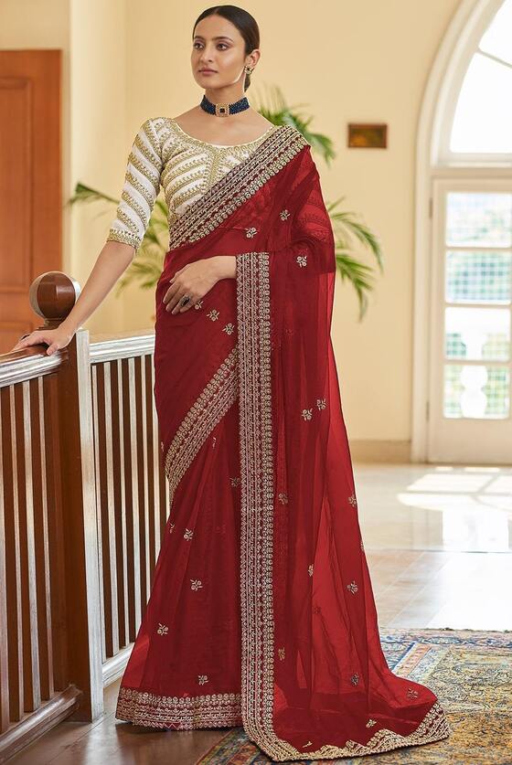 Scarlet Red Organza Designer Saree