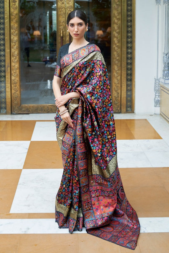 Black Multi Colored Kashmiri Silk Handloom Art Silk Woven Saree