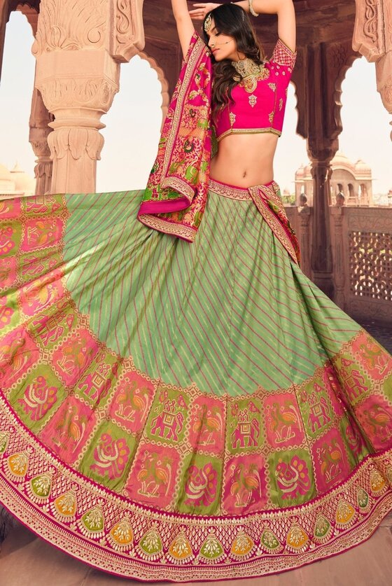 Green & Pink Banarasi Silk Lehenga Choli With Heavy Embroidery Work