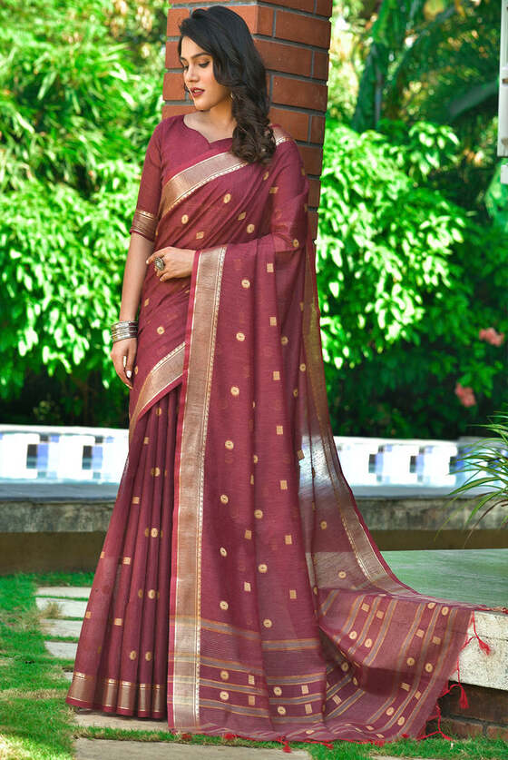 Copper Rust Purple Zari Woven Cotton Saree