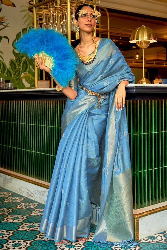 Cobalt Blue Woven Organza Silk Saree