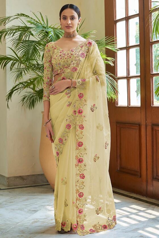 Lime Yellow Organza Designer Saree