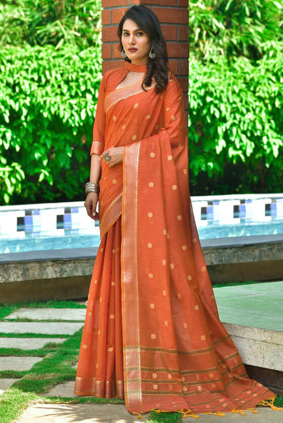 Flame Pea Orange Zari Woven Cotton Saree