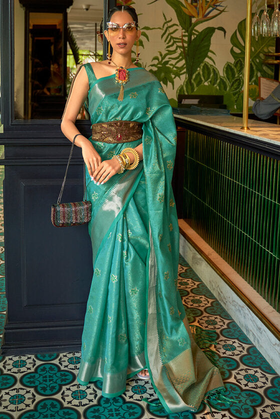 Pine Green Woven Organza Silk Saree